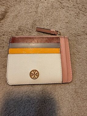Tory Burch Pink, White, Yellow & Brown Leather Card Case with Gold Logo